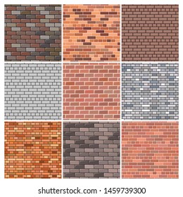 Brick wall. Set of nine red and grey brick wall backgrounds. Vector illustration 