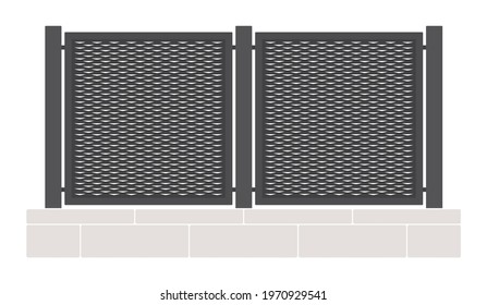 brick wall with sheet metal barrier with triangular holes. Isolated on white background.