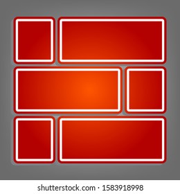 Brick wall sign. Flat red icon with linear white icon with gray shadow at grayish background. Illustration.