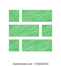 Señal de pared de ladrillo. Ícono de garabato verde con contorno sólido sobre fondo blanco.  Ilustración.