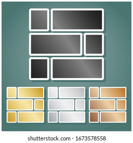 Brick wall sign. Set of metallic Icons with gray, gold, silver and bronze gradient with white contour and shadow at viridan background. Illustration.