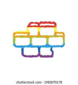 Brick wall, simple icon. Drawing sign with LGBT style, seven colors of rainbow (red, orange, yellow, green, blue, indigo, violet