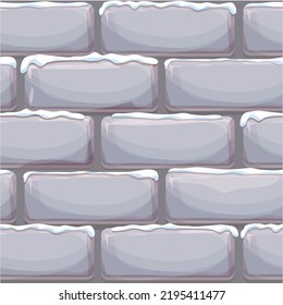 Brick Wall With Snow, Stone Bricks, Rock Surface In Cartoon Style, Winter Seamless Background. Ui Game Asset, Pavement Or Road. Textured And Detailed. Vector Illustration