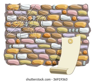 brick wall with a spider net and a scroll