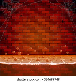 Brick wall with spiders and spiderweb in the sewerage system, illustration.