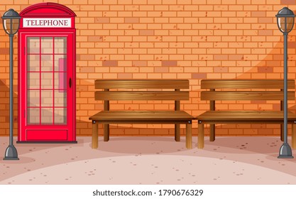 Brick wall street side with telephone box and bench illustration