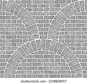 Brick wall texture with circular arches. Black and white vector seamless pattern from light grey hand drawn hatched tiles