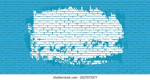 Brick wall texture grunge blue background, white paint splash space for text, seamless building facade pattern backdrop illustration.