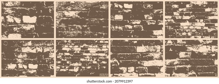 Ziegel-Wandtextur-Grunge-Set. Architektur, Bauwesen, Bauhintergrund. Ziegel, Zement, Beton. Steinmauer-farbige Vektorhintergründe. Reiche grungy Texturen Kollektion.