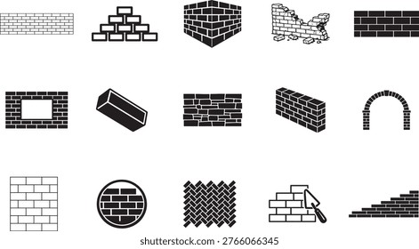 Brick wall thin line icon set with editable stroke vector for web books cards and UI design.