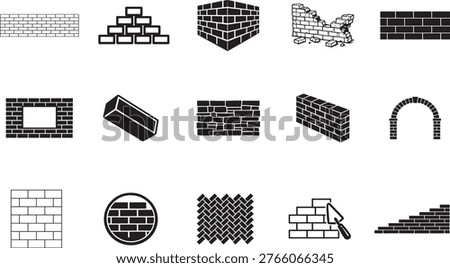 Brick wall thin line icon set with editable stroke vector for web books cards and UI design.