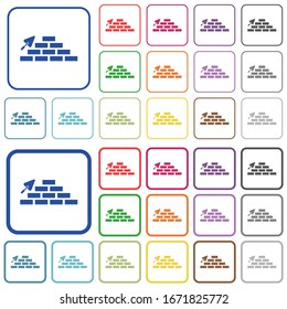 Brick wall and trowel color flat icons in rounded square frames. Thin and thick versions included.