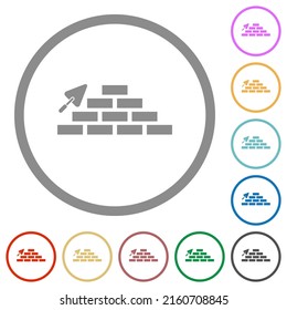 Brick wall and trowel flat color icons in round outlines on white background