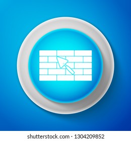 Brick wall with trowel icon isolated on blue background. Circle blue button. Vector illustration