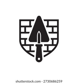 Brick wall and trowel icon. Representing masonry work, construction tools, and building process.