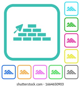 Brick wall and trowel vivid colored flat icons in curved borders on white background