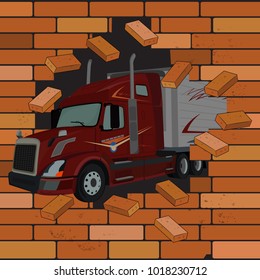 brick wall and truck coming from the crack, vector illustration