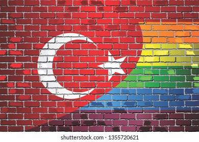 Brick Wall Turkey and Rainbow flags - Illustration