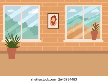 Brick wall with two windows showing landscape view, potted plants, and wall art. Sunny interior background for home and office.