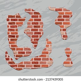 Brick wall under broken concrete. Vector stock illustration. Background. Stones. Finishing material. Shabby and old facade