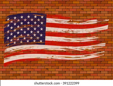 Brick wall with a US flag.