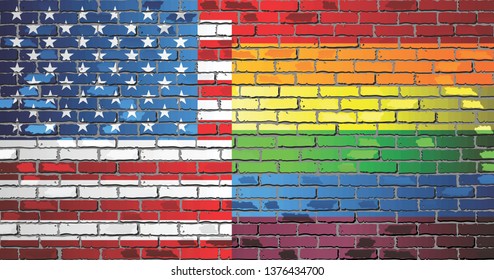 Brick Wall USA and Rainbow flags - Illustration