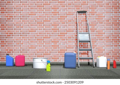 Pared de ladrillo con varias herramientas para la reparación. Ilustración vectorial.