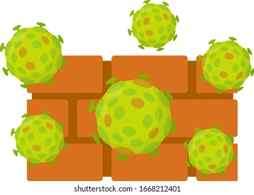 Pared de ladrillo y virus. Bloque de piedra y antivirus. Protección contra las enfermedades. Ataque de microbios verdes. Tratamiento médico. Hackeando el sistema. Muro rojo. Icono de la aplicación. Ilustración plana