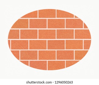 Brick wall in white oval frame with scratched texture, grunge.  Brickwork of ordinary red bricks. Flat style, vector with noise, marble textured backdrop. Space for your text. 