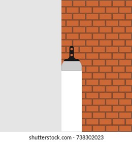 Brick wall with white plaster and trowel. Space for text, slogan, quote and advertisement. Repair or construction concept. Vector illustration.