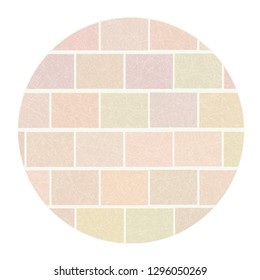 Brick wall in white round frame with scratched texture, grunge.  Brickwork of ordinary light bricks. Flat style, vector with noise, marble textured backdrop. Space for your text.