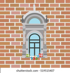 Brick wall with window and christmas gifts 1