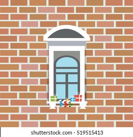 Brick wall with window and christmas gifts 6