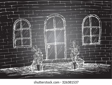 brick wall with windows and doors. Hand drawing