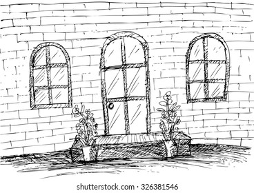 brick wall with windows and doors. Hand drawing