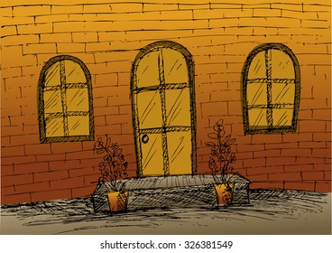 brick wall with windows and doors. Hand drawing