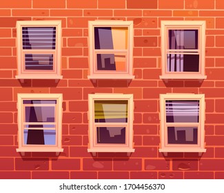 Brick Wall And Windows With White Frame. Residential Or Office Building Facade. Vector Cartoon Illustration Of House Front With Open And Closed Glass Windows With Curtains And Blind Inside