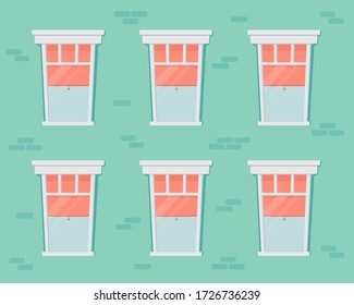 Brick wall and windows with white frame. Residential building facade. Vector cartoon illustration of house front with open and closed glass windows with curtains and blind inside