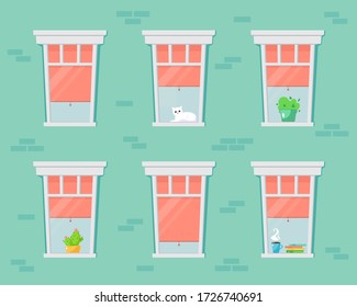 Pared de ladrillo y ventanas con marco blanco. Fachada del edificio residencial. Dibujo vectorial del frente de la casa con ventanas de vidrio abiertas y cerradas con cortinas y ciego adentro