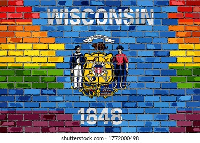 Brick Wall Wisconsin and Pride flags - Illustration,
Rainbow flag on brick textured background