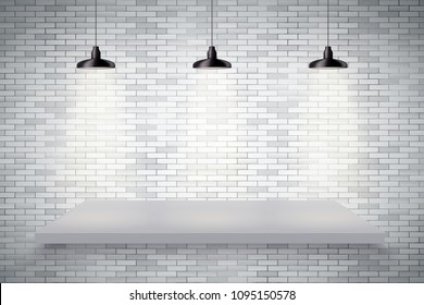 Brick wall and wood platform with three vintage pendant cone lamps. Editable Background Vector illustration.