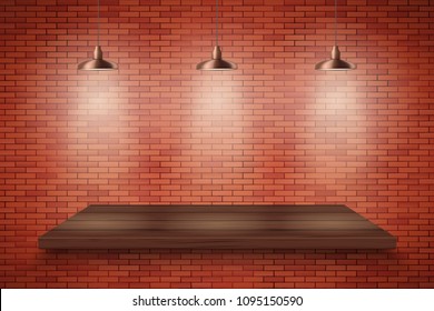 Brick wall and wood platform with three vintage pendant cone lamps. Editable Background Vector illustration.