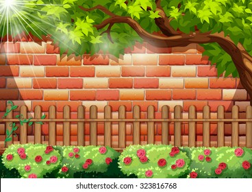 Brick wall and wooden fence illustration