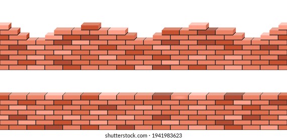 Paredes de ladrillo vista en 3d, conjunto de patrones sin fisuras para el fondo. Ladrillo rojo apilado. Muros de construcción rotos o demolidos aislados. Ilustración vectorial.