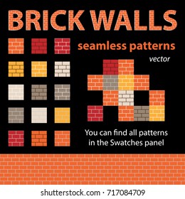 Brick walls seamless textures. Vector patterns for backgrounds or game design