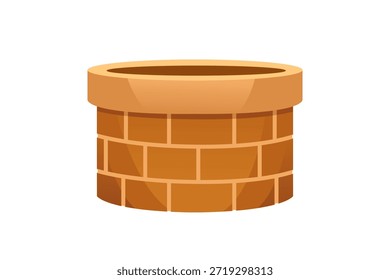 Pozo de ladrillo con estructura cilíndrica naranja. Diseño de piedra redonda con construcción en capas. Elemento de fuente de agua tradicional para juegos e ilustraciones. Ilustración vectorial aislada en blanco
