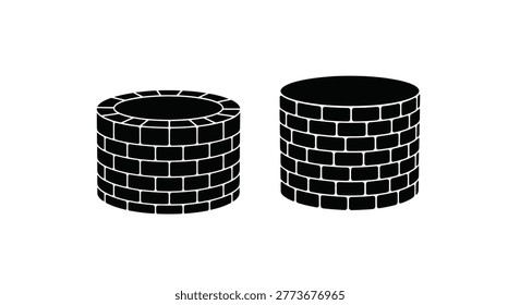Brick well silhouettes with textured walls black and white illustration silhouette