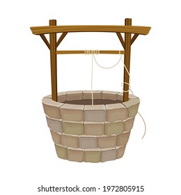 Brick Well as Structure in the Ground for Accessing Water with Rope for Pulling Bucket Vector Illustration