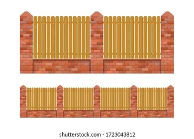 Brick and wood fence vector illustration isolated on white background