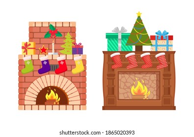 Brick and wooden fireplace with fire burning inside isolated vector icons. Decoration of home interior on Christmas, Santa stockings, fir-tree and socks